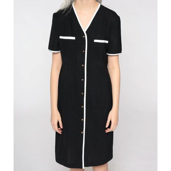 Leslie Fay Vintage 90s Dress Size 12 Made In The USA A-Line Black/White Midi - Picture 10 of 10